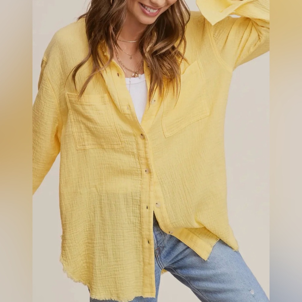 NWT Washing Wrinkled Yellow Gauze Button Down Shirt